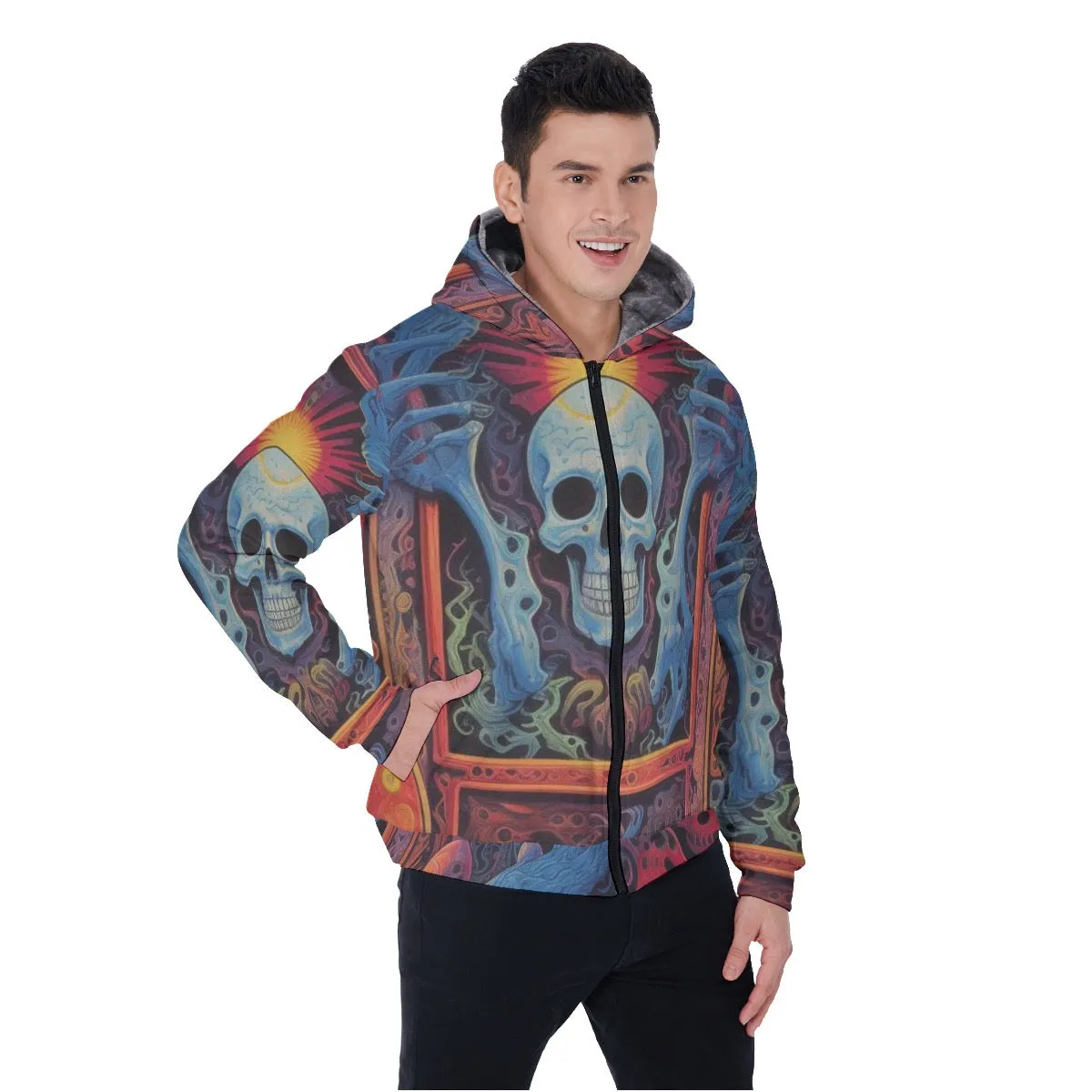 All-Over Print Men's Sherpa Fleece Zip Up Hoodie, skull, themed abstract, #25MM