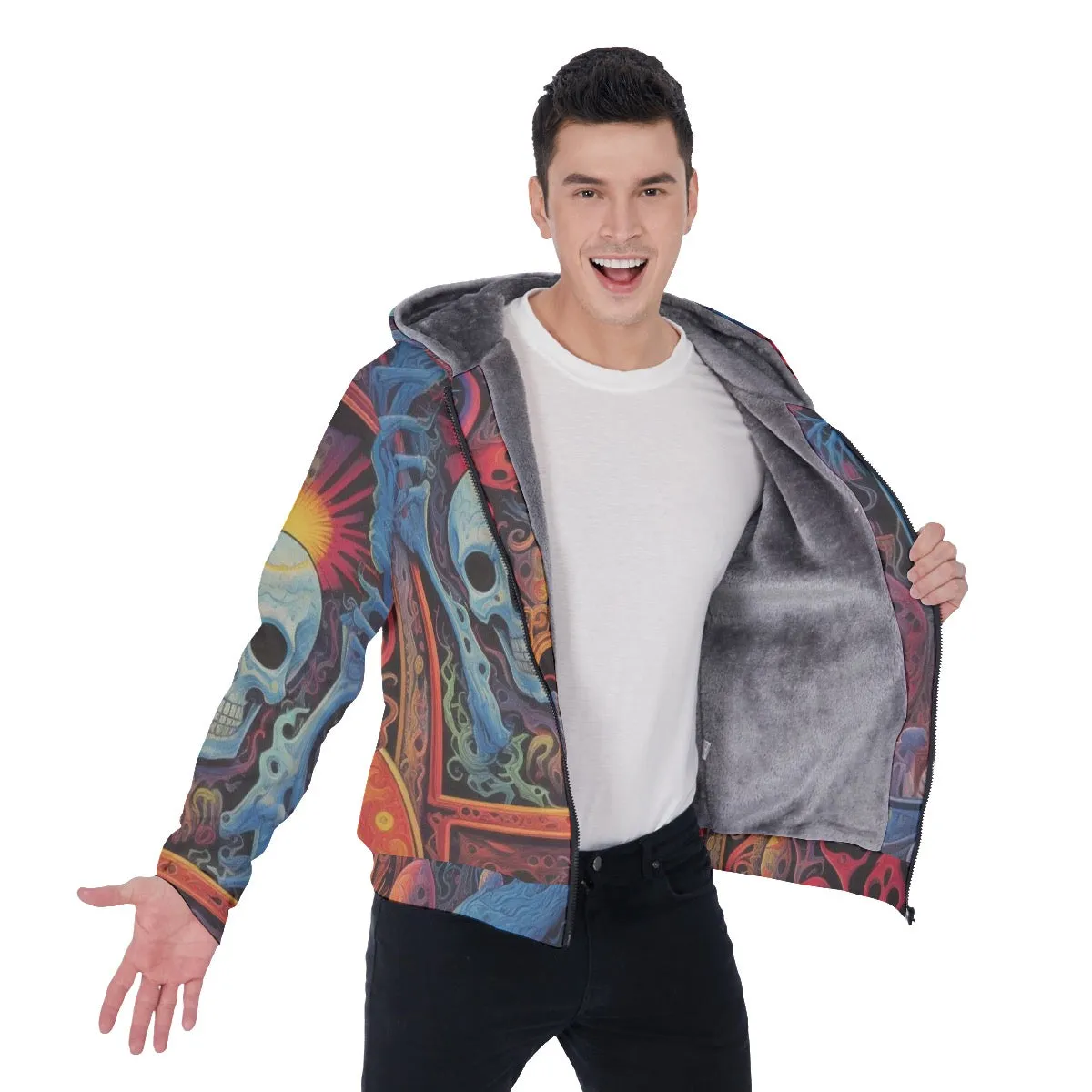 All-Over Print Men's Sherpa Fleece Zip Up Hoodie, skull, themed abstract, #25MM