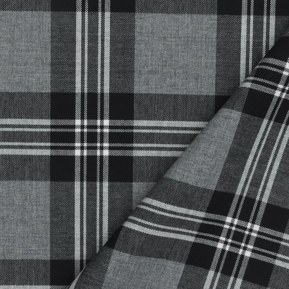 Ash Gray-Black-White Plaid Wool-Poly Woven Suiting Fabric