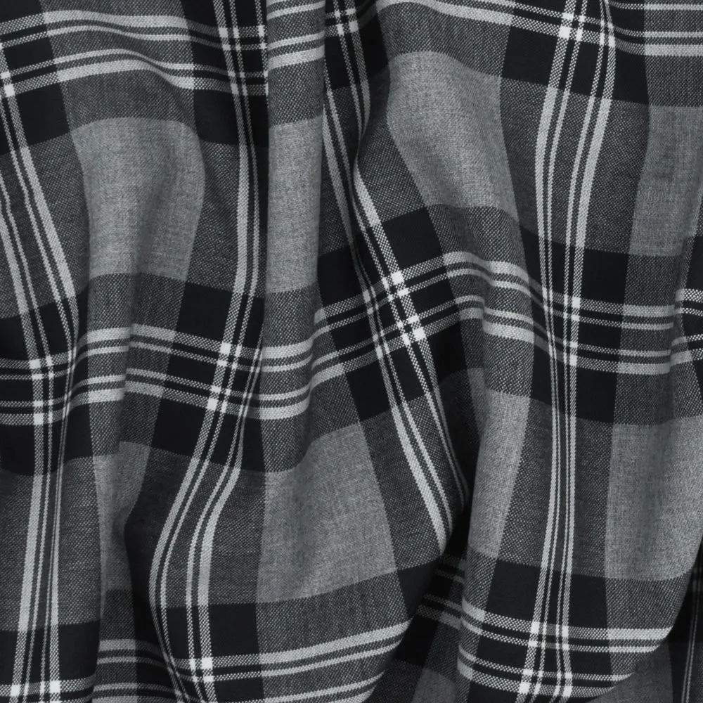 Ash Gray-Black-White Plaid Wool-Poly Woven Suiting Fabric