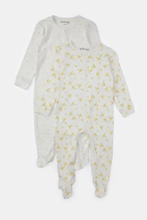 Baby Cream Printed Sleepsuit Set (Pack Of 2)