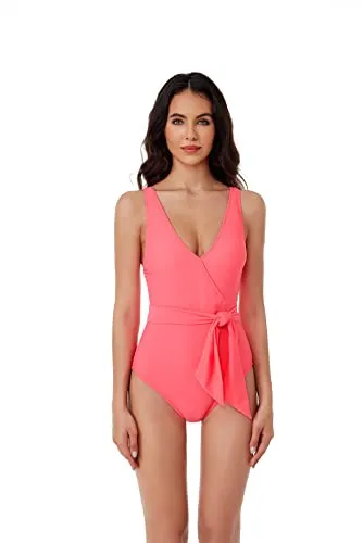 BCA by Rebecca Virtue Megan - Women's One Piece Swimsuit with V-Neck, Wraparound Waist Tie and Adjustable Back Strap, Bathing Suits for Women, Flamingo, X-Small