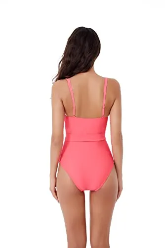 BCA by Rebecca Virtue Megan - Women's One Piece Swimsuit with V-Neck, Wraparound Waist Tie and Adjustable Back Strap, Bathing Suits for Women, Flamingo, X-Small