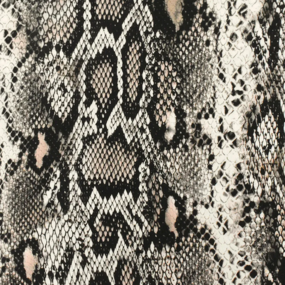 Beige-Black-Multi Famous Designer Snake Printed Viscose Crepe Faille Fabric