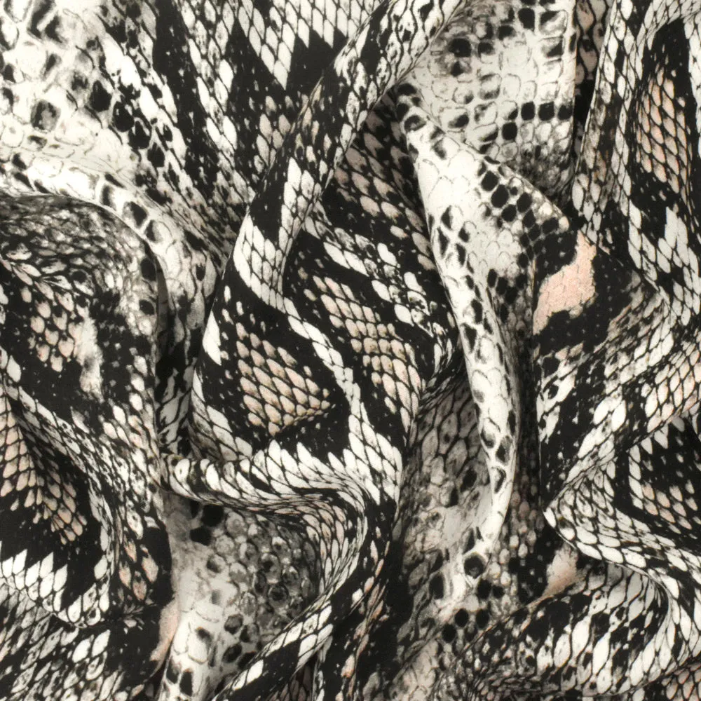 Beige-Black-Multi Famous Designer Snake Printed Viscose Crepe Faille Fabric