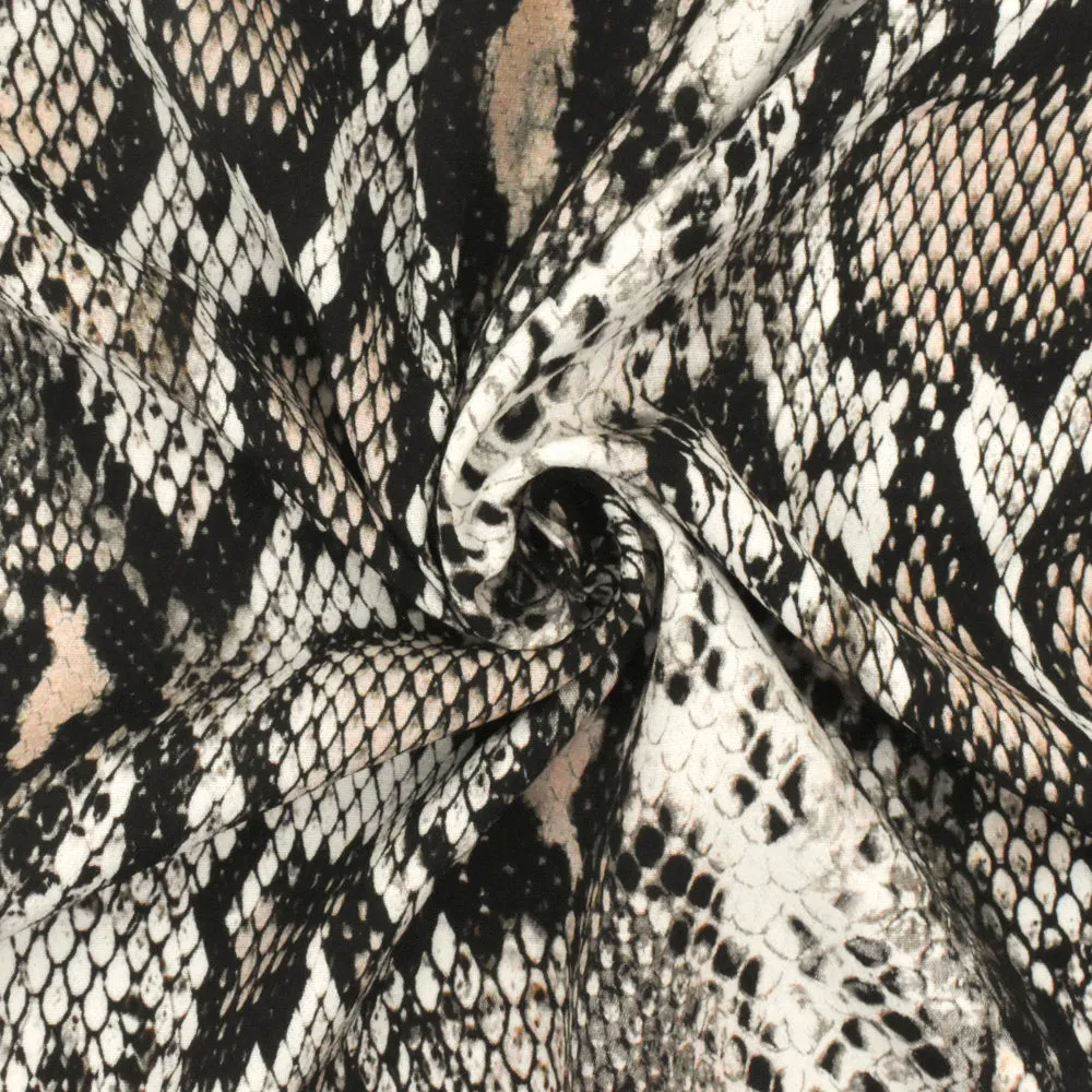 Beige-Black-Multi Famous Designer Snake Printed Viscose Crepe Faille Fabric