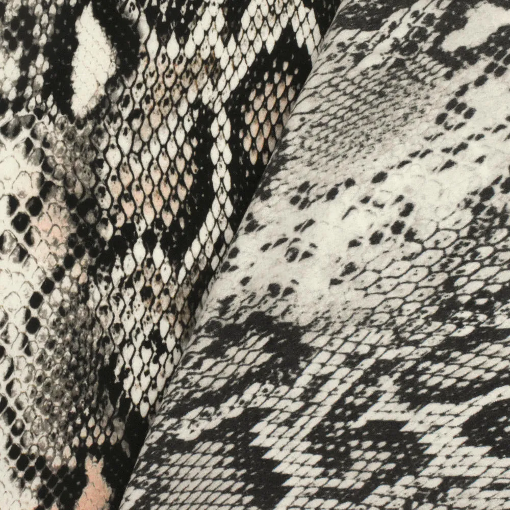 Beige-Black-Multi Famous Designer Snake Printed Viscose Crepe Faille Fabric