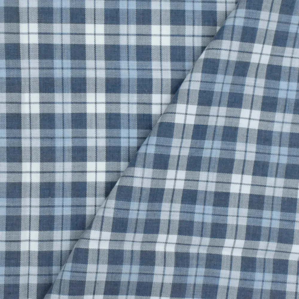 Blue-Navy-White Plaid Cotton Twill Woven Fabric