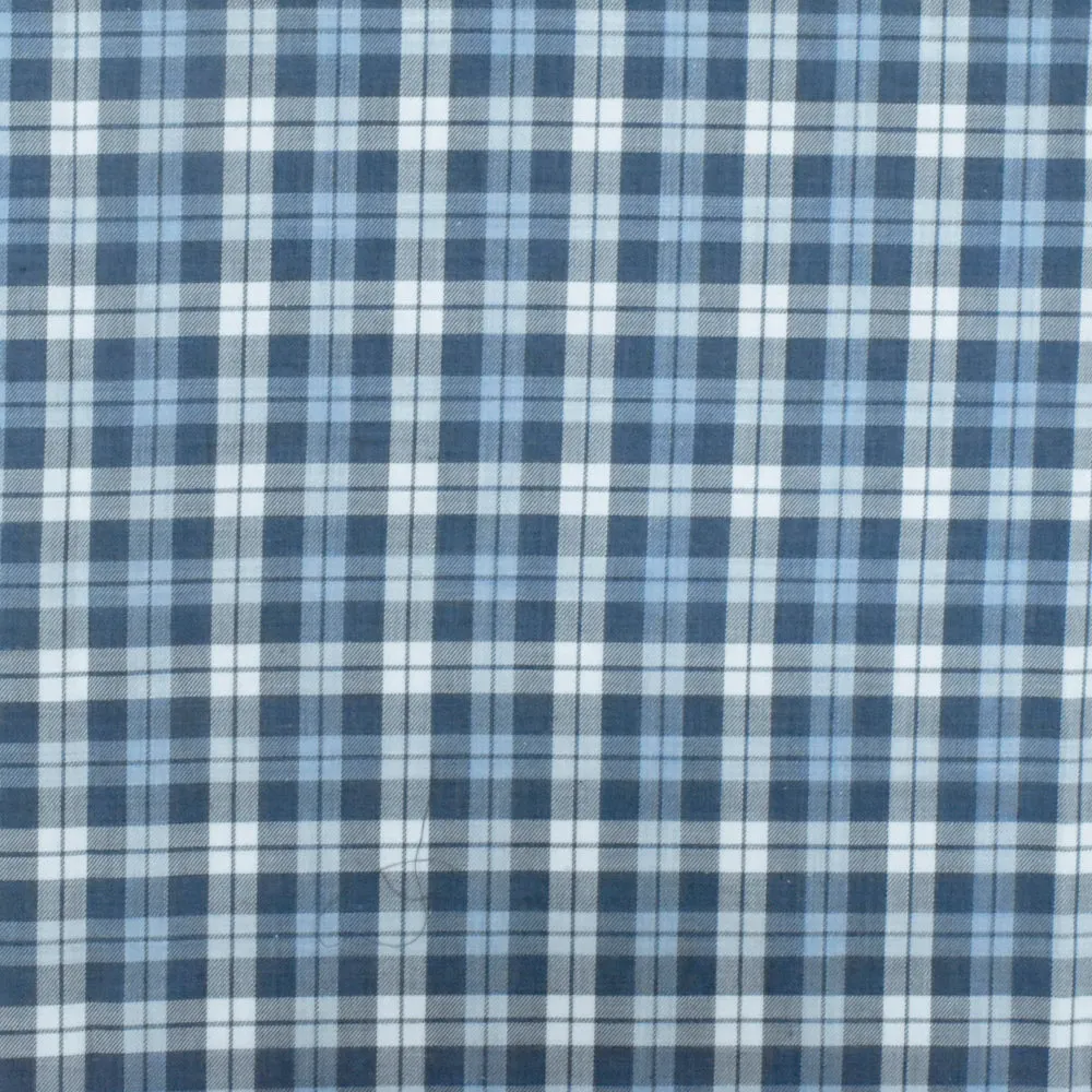 Blue-Navy-White Plaid Cotton Twill Woven Fabric