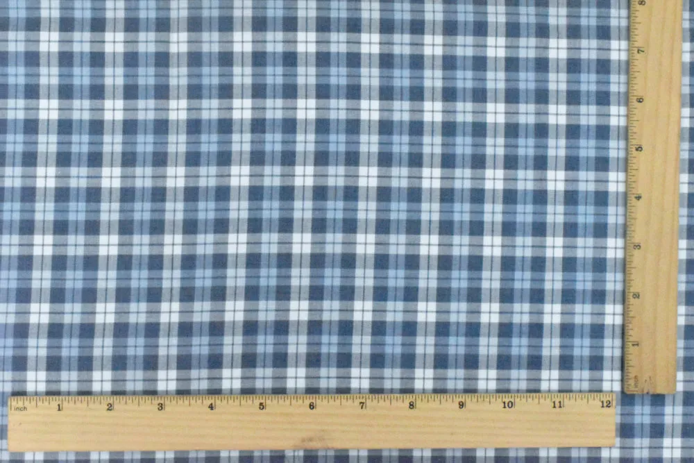 Blue-Navy-White Plaid Cotton Twill Woven Fabric