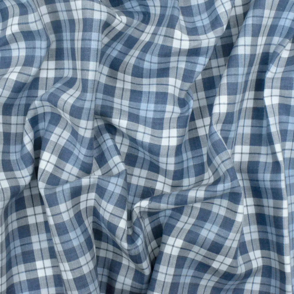 Blue-Navy-White Plaid Cotton Twill Woven Fabric