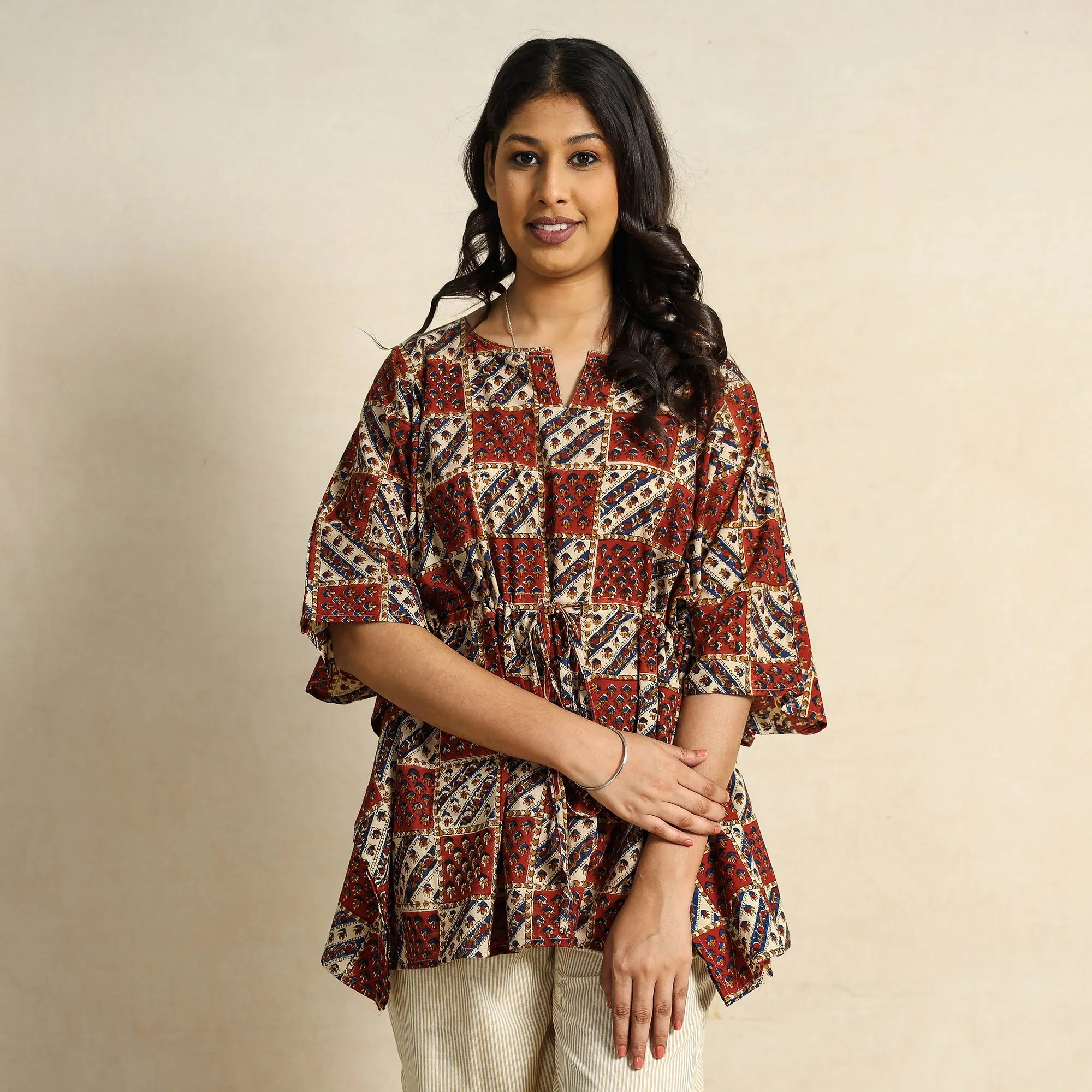 Brown - Hand Block Printed Cotton Kaftan & Pyjama Night Suit Set