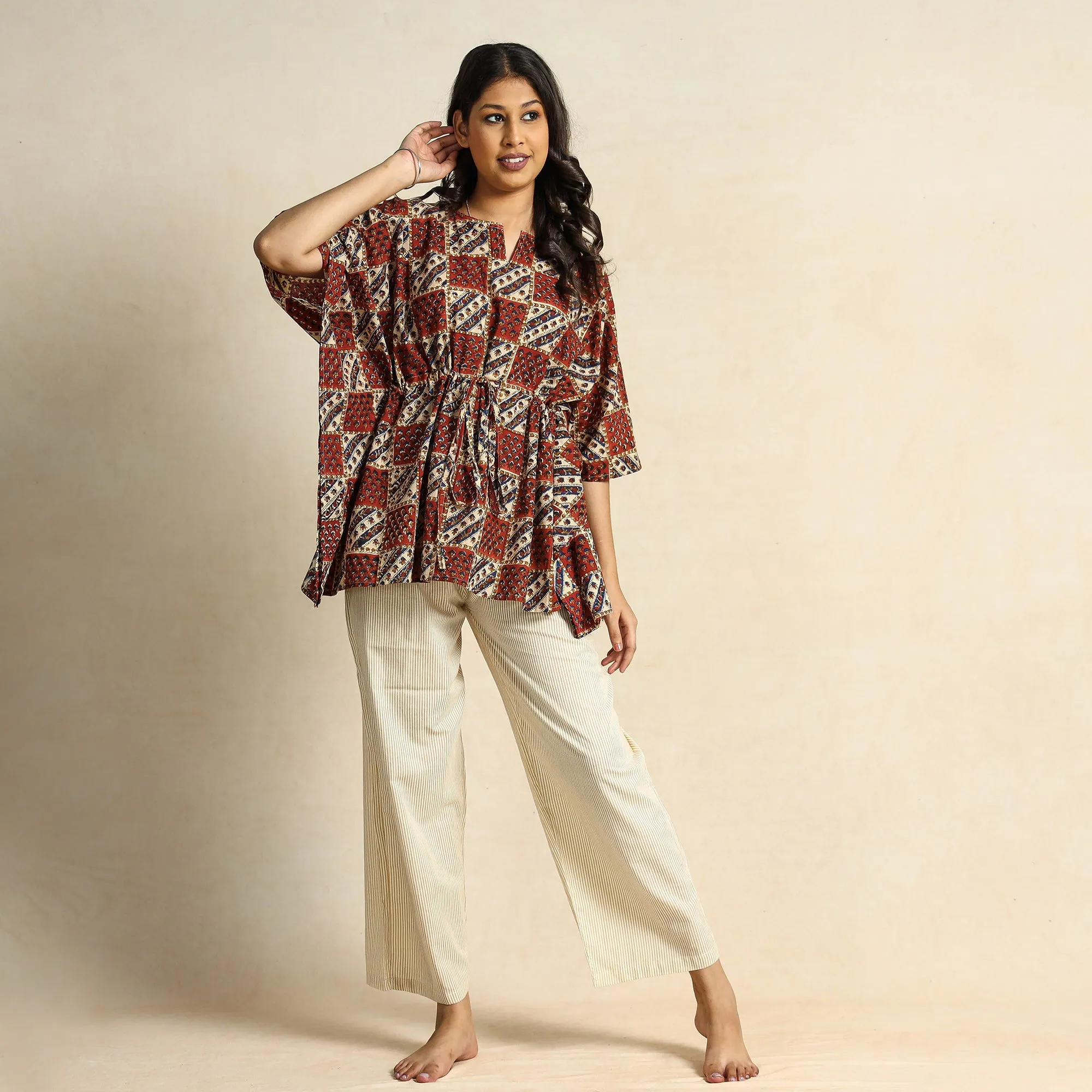 Brown - Hand Block Printed Cotton Kaftan & Pyjama Night Suit Set