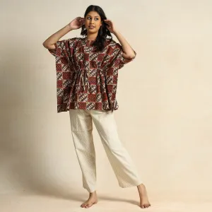 Brown - Hand Block Printed Cotton Kaftan & Pyjama Night Suit Set