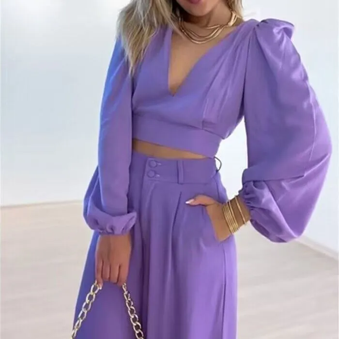 Casual solid color V-neck waist loose pants suit