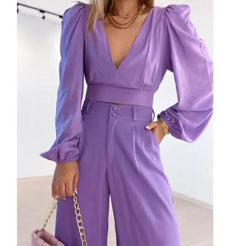 Casual solid color V-neck waist loose pants suit