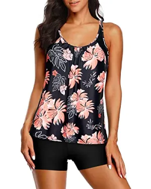 Double Up Tankini Top Boy Shorts Tankini Swimsuits For Women-Black And Orange Floral