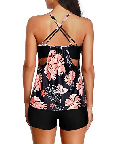 Double Up Tankini Top Boy Shorts Tankini Swimsuits For Women-Black And Orange Floral