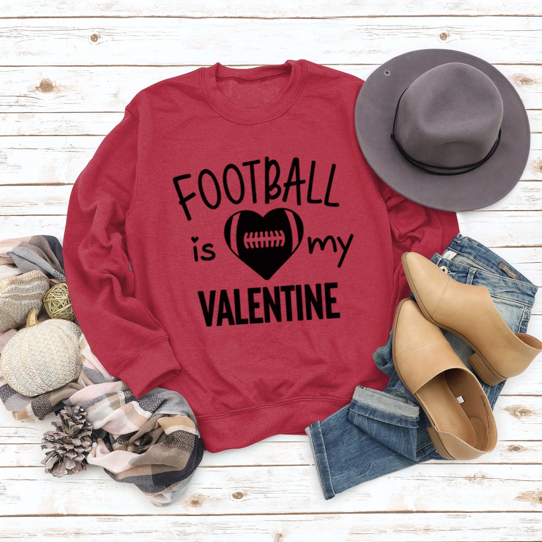 FOOTBALL IS MY VALENTINE Letter Love Baseball Long Sleeve Sweater Girl