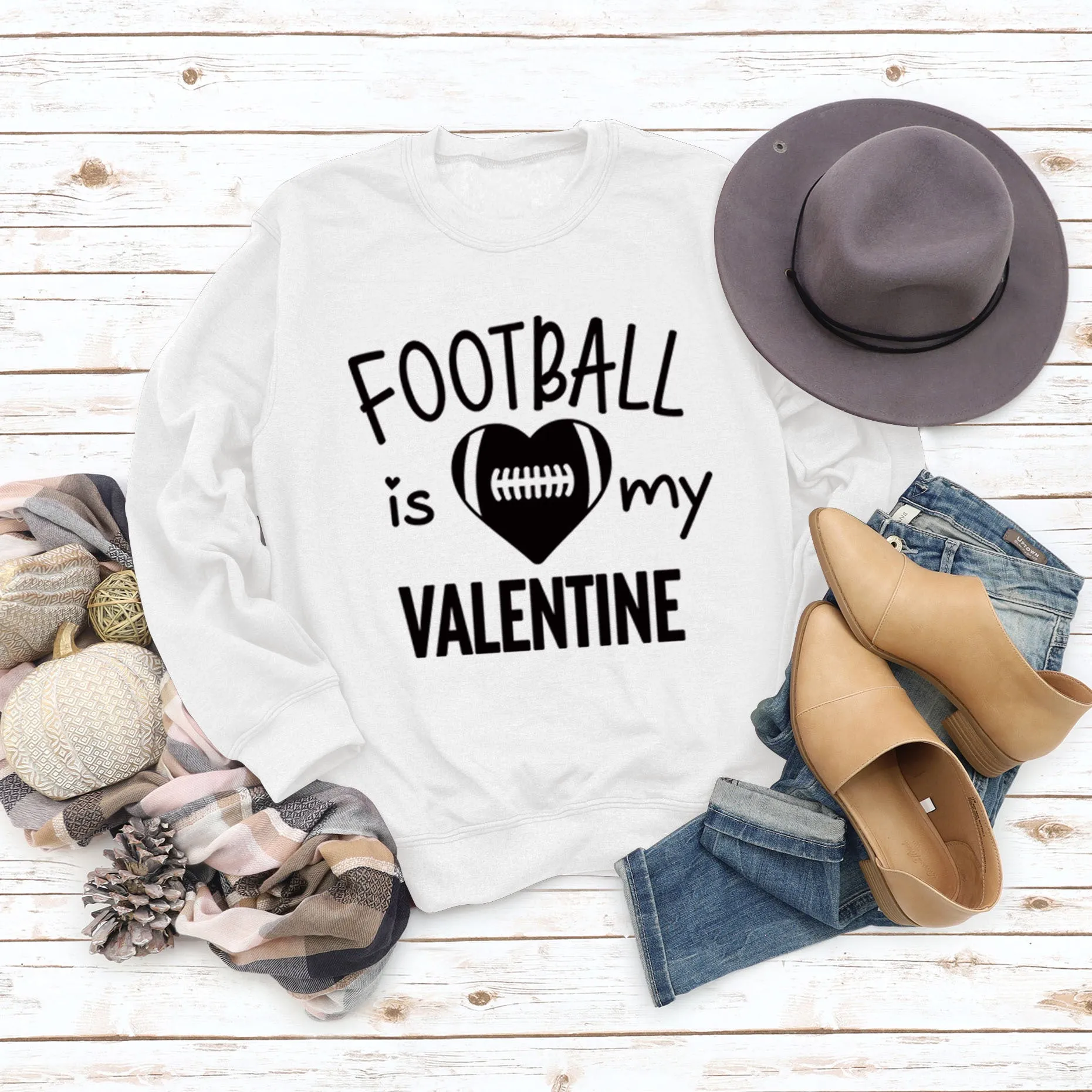 FOOTBALL IS MY VALENTINE Letter Love Baseball Long Sleeve Sweater Girl