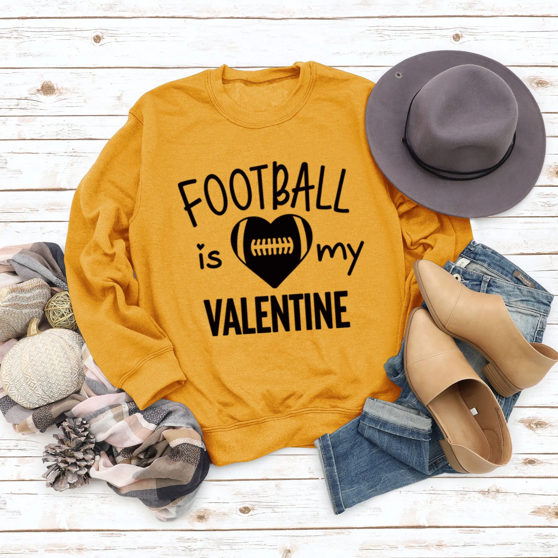 FOOTBALL IS MY VALENTINE Letter Love Baseball Long Sleeve Sweater Girl