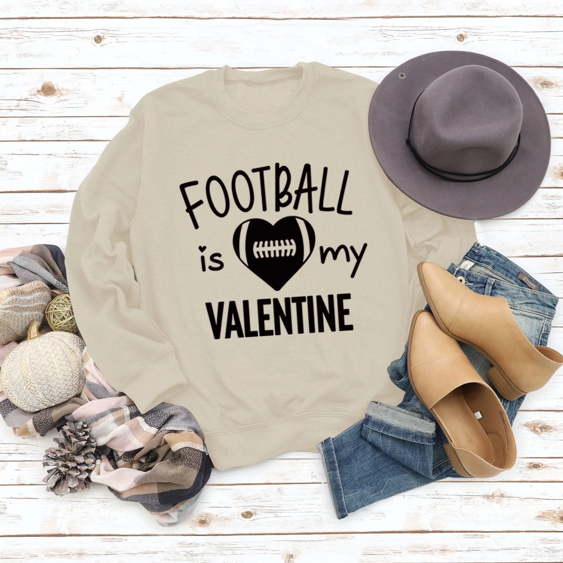 FOOTBALL IS MY VALENTINE Letter Love Baseball Long Sleeve Sweater Girl