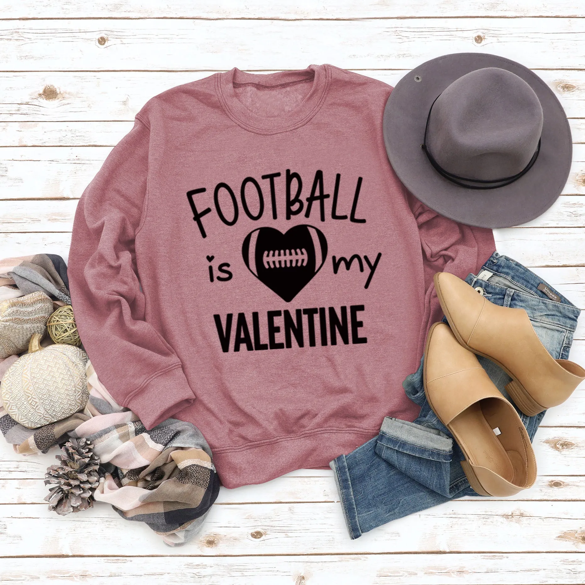 FOOTBALL IS MY VALENTINE Letter Love Baseball Long Sleeve Sweater Girl