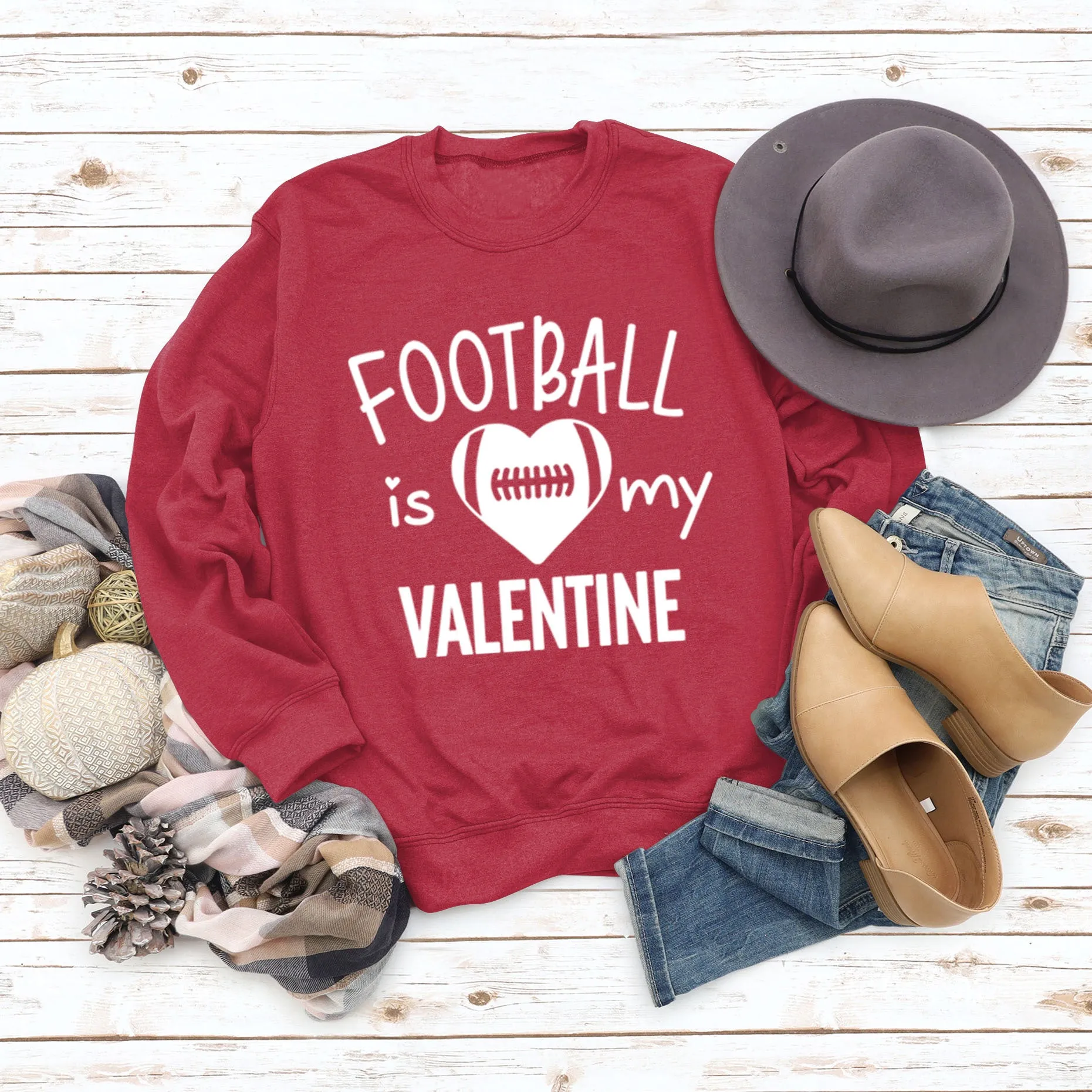 FOOTBALL IS MY VALENTINE Letter Love Baseball Long Sleeve Sweater Girl