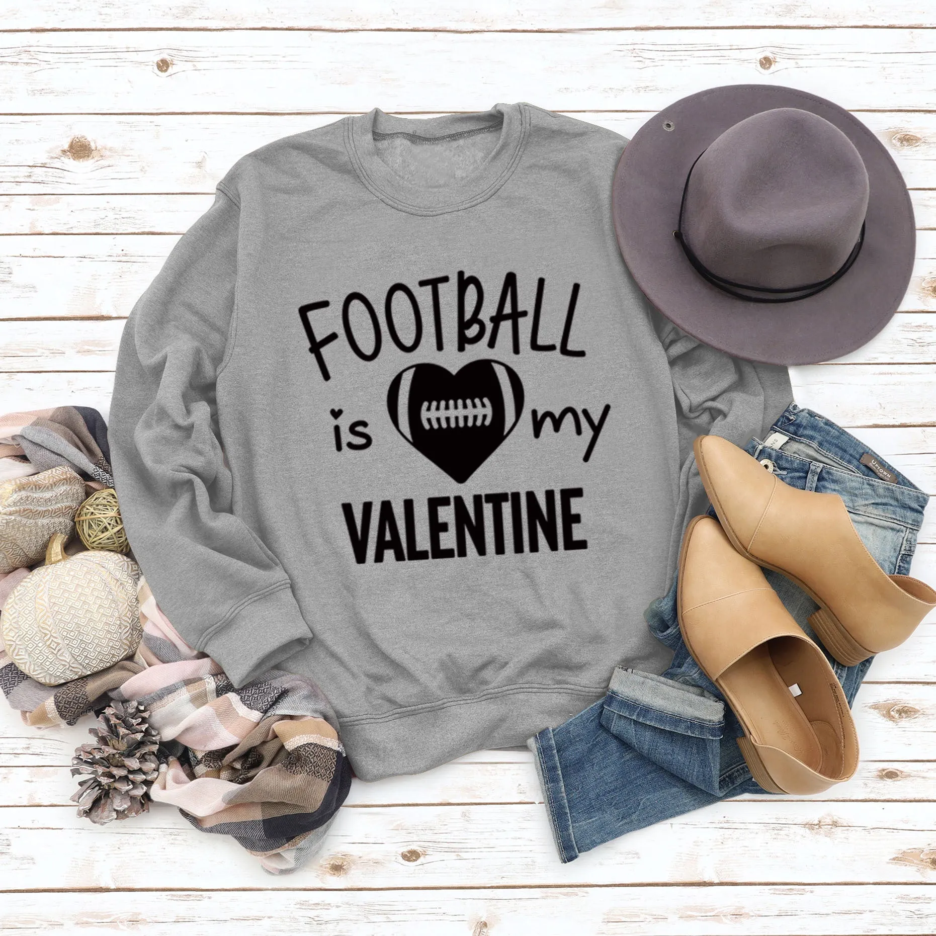 FOOTBALL IS MY VALENTINE Letter Love Baseball Long Sleeve Sweater Girl