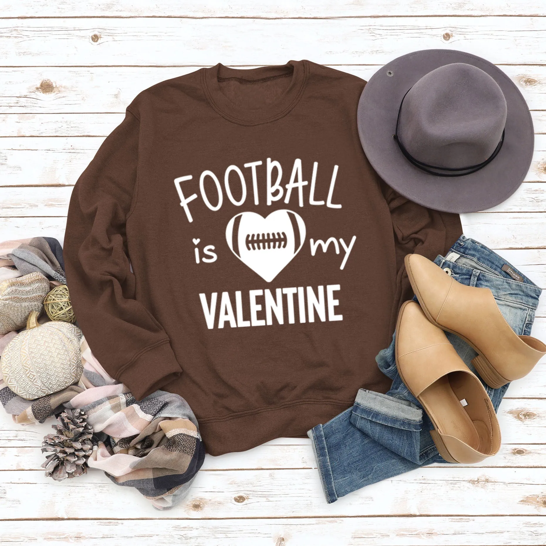 FOOTBALL IS MY VALENTINE Letter Love Baseball Long Sleeve Sweater Girl