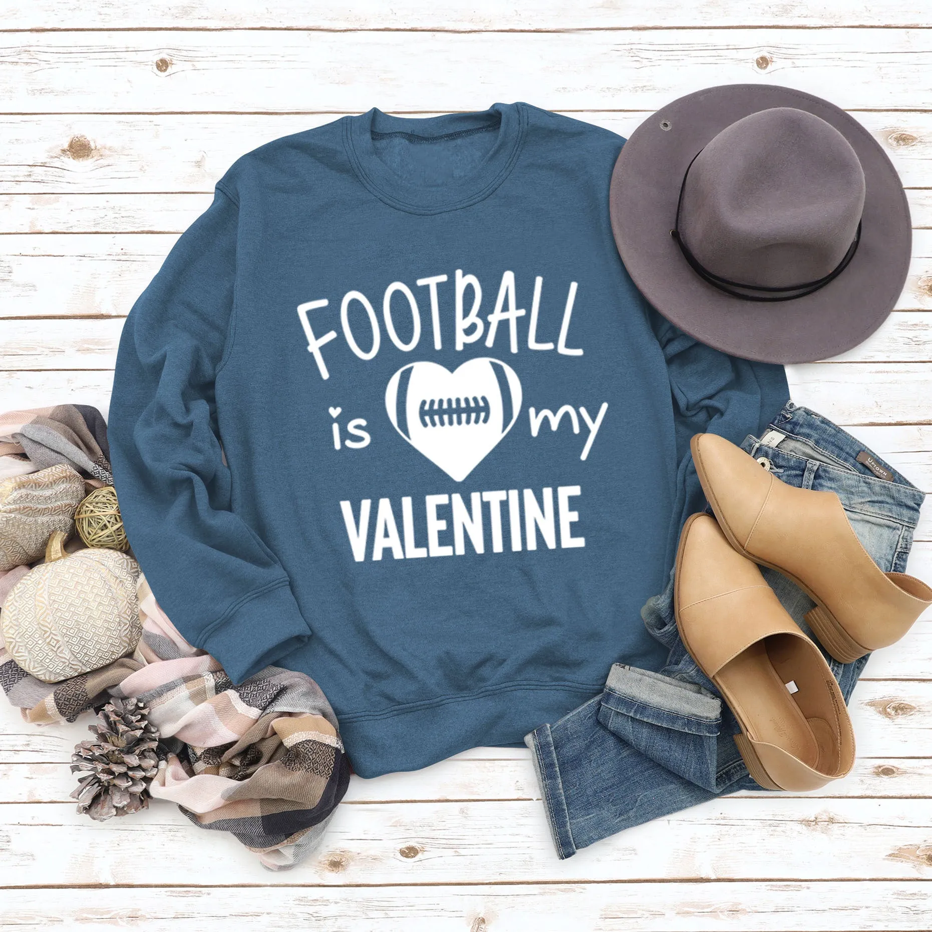 FOOTBALL IS MY VALENTINE Letter Love Baseball Long Sleeve Sweater Girl