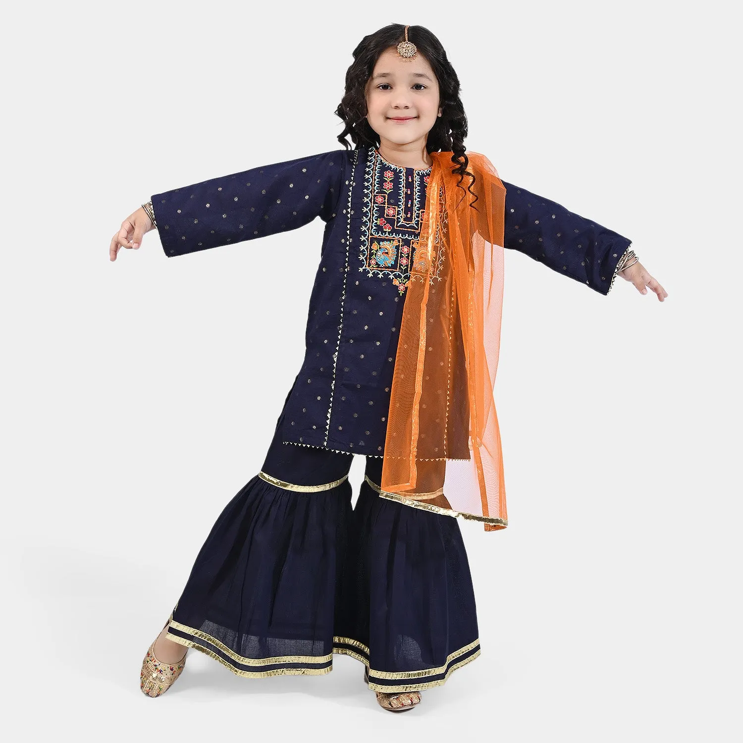 Girls Jacquard 3PCs Suit Rang Nikhaar-Navy Blue