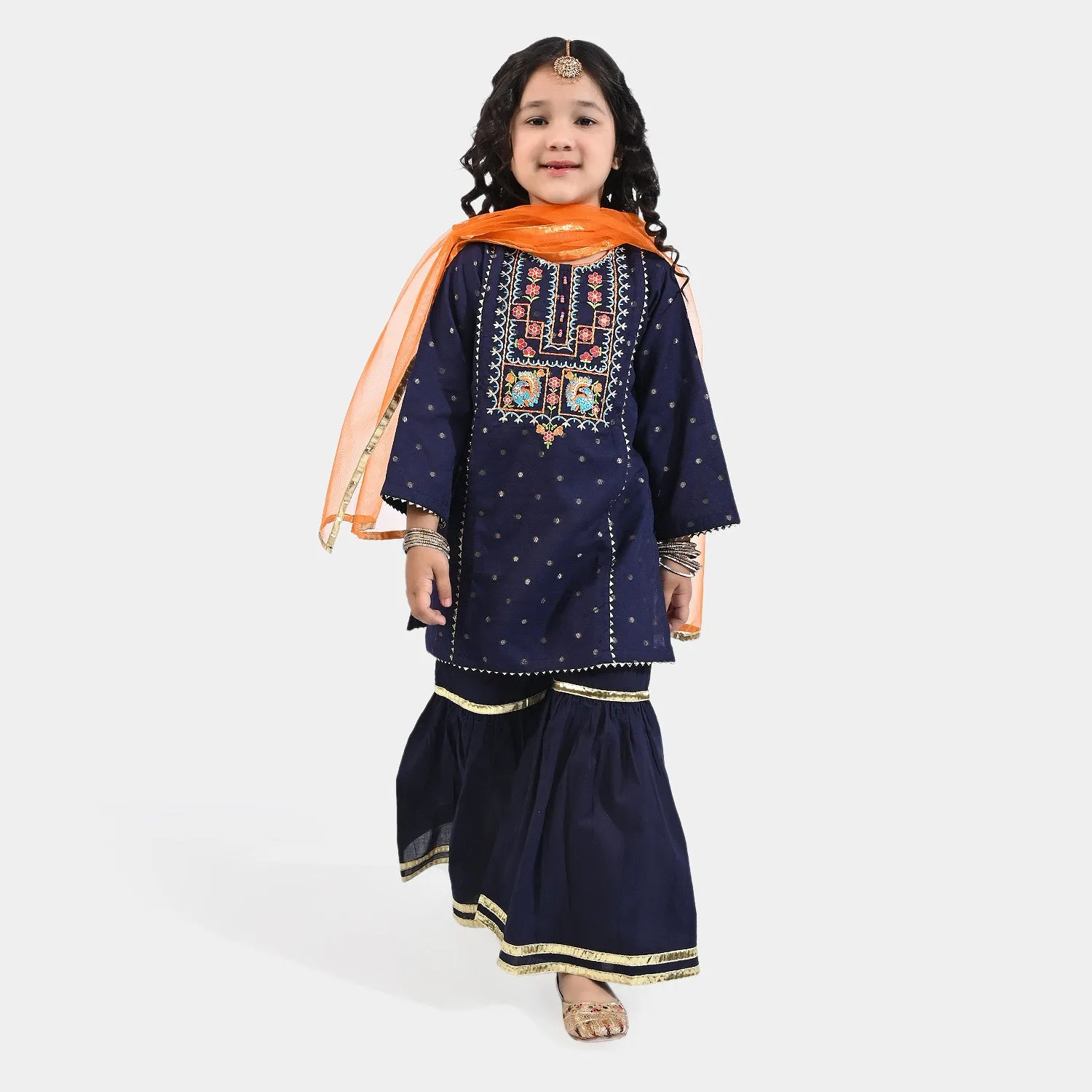 Girls Jacquard 3PCs Suit Rang Nikhaar-Navy Blue