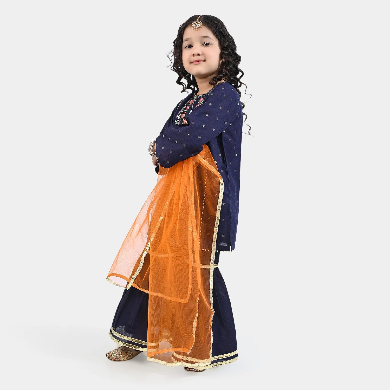 Girls Jacquard 3PCs Suit Rang Nikhaar-Navy Blue