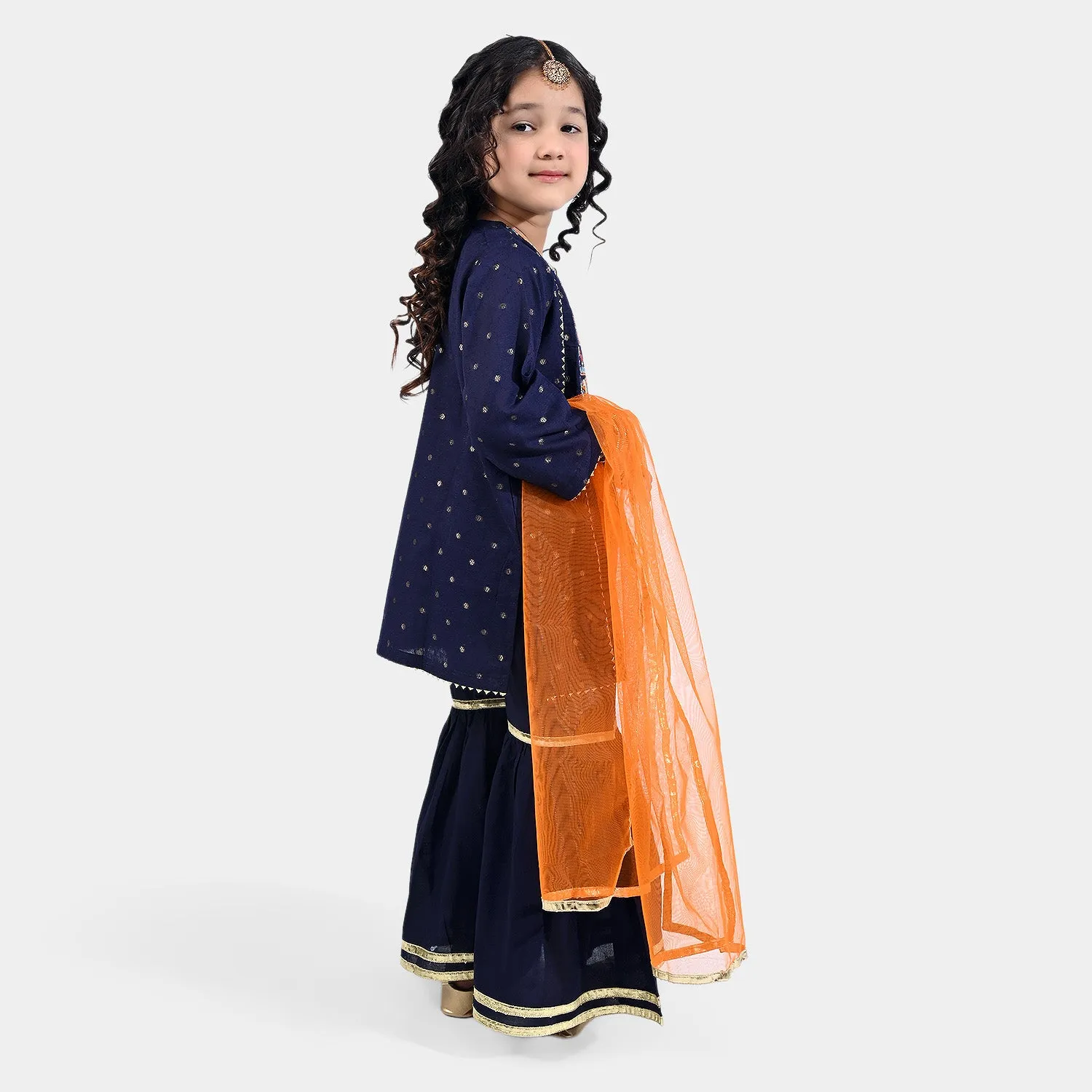 Girls Jacquard 3PCs Suit Rang Nikhaar-Navy Blue