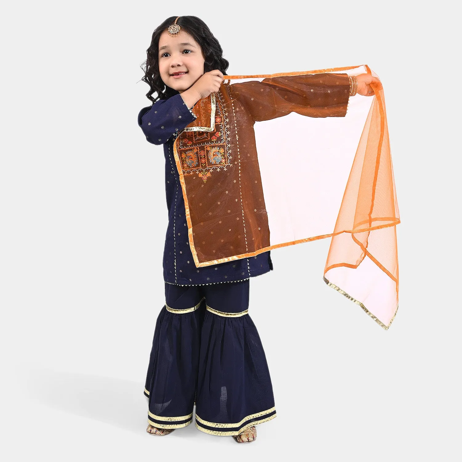 Girls Jacquard 3PCs Suit Rang Nikhaar-Navy Blue