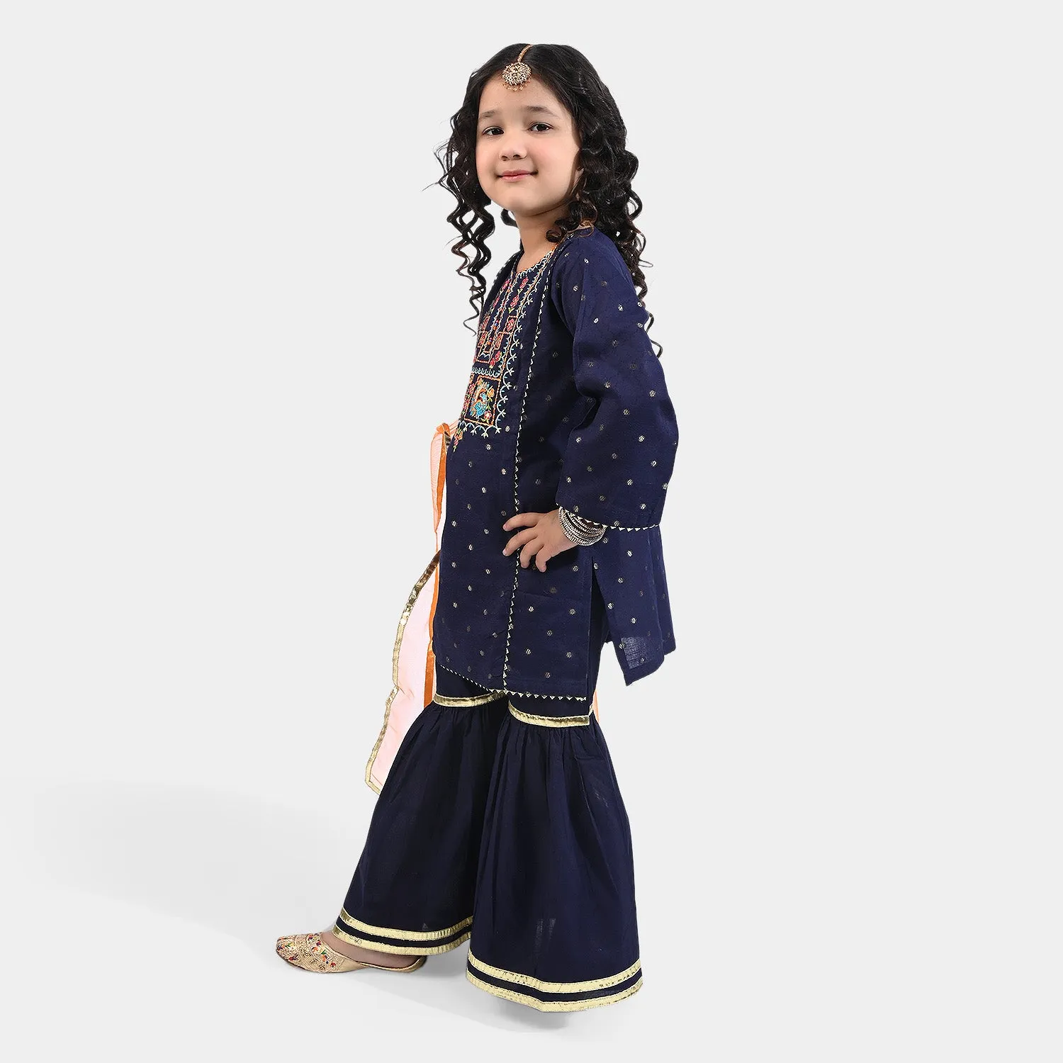 Girls Jacquard 3PCs Suit Rang Nikhaar-Navy Blue