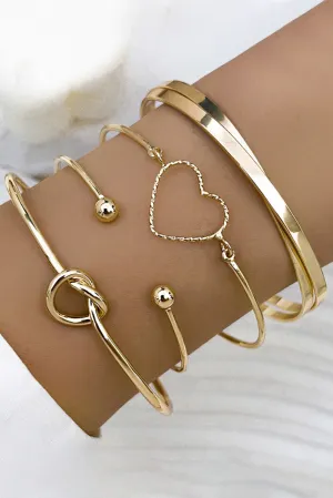 Gold Heart Geometric Knot Open Cuff Bracelet 4-piece Set