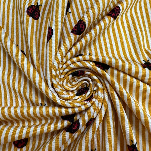 Gold Stripe Ladybug Print Double Brushed Jersey Knit Fabric