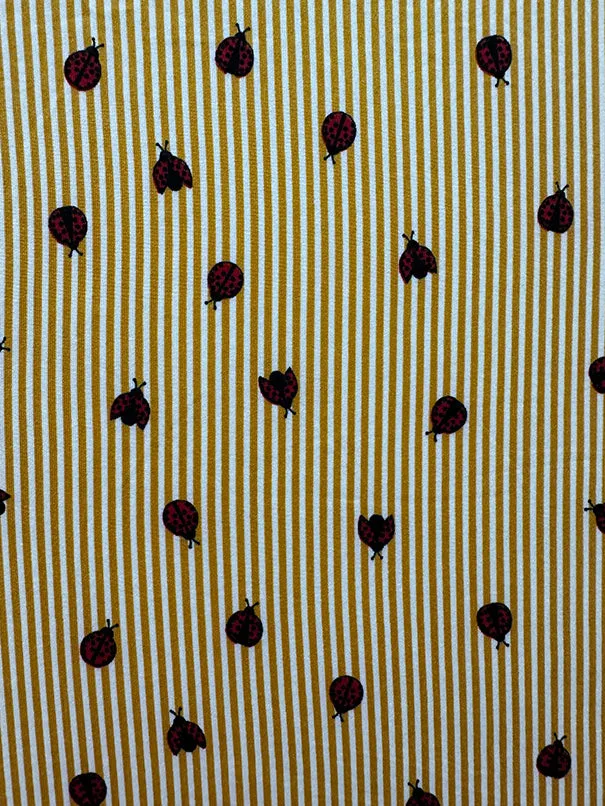 Gold Stripe Ladybug Print Double Brushed Jersey Knit Fabric