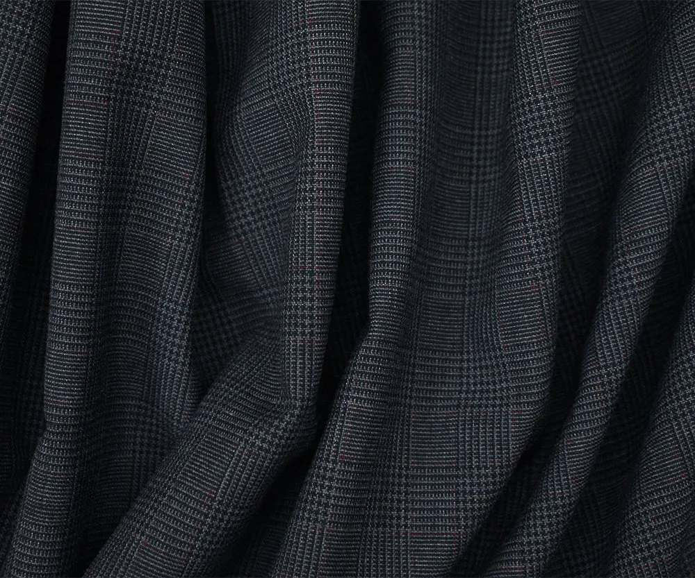 Gray-Black-Deep Burgundy Polyester Wool Glen Plaid Shirting Woven Fabric