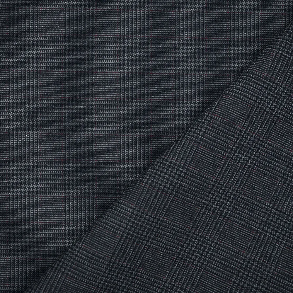 Gray-Black-Deep Burgundy Polyester Wool Glen Plaid Shirting Woven Fabric