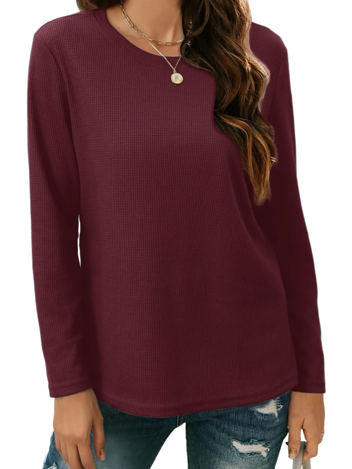 HDLTE Tops for Women Casual Fall Soft Waffle Knit Tshits long sleeve Shirts (X-Large Burgundy)