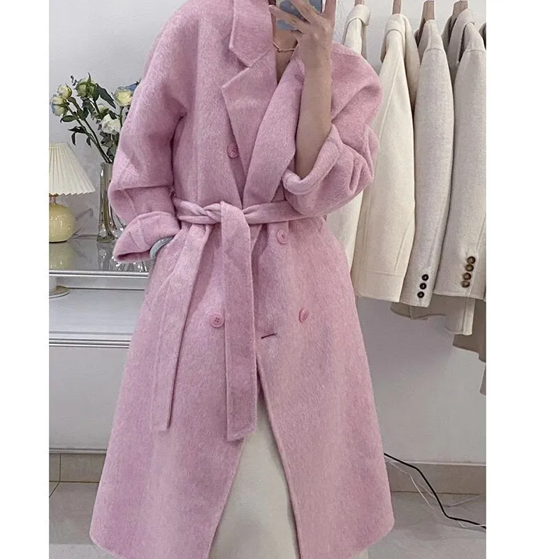 High Quality Wool Coats For Women Notched Double Breasted Belt Coats