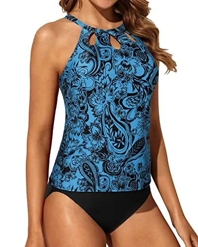 High Waisted Tummy Control Bathing Suit Halter Design Backless Tankini-Black And Tribal Blue