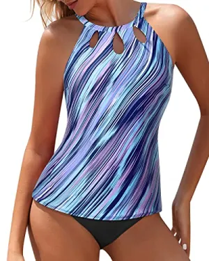 Keyhole Backless Tankini Bathing Suit High Waisted Swim Shorts For Women-Blue And Black Stripe