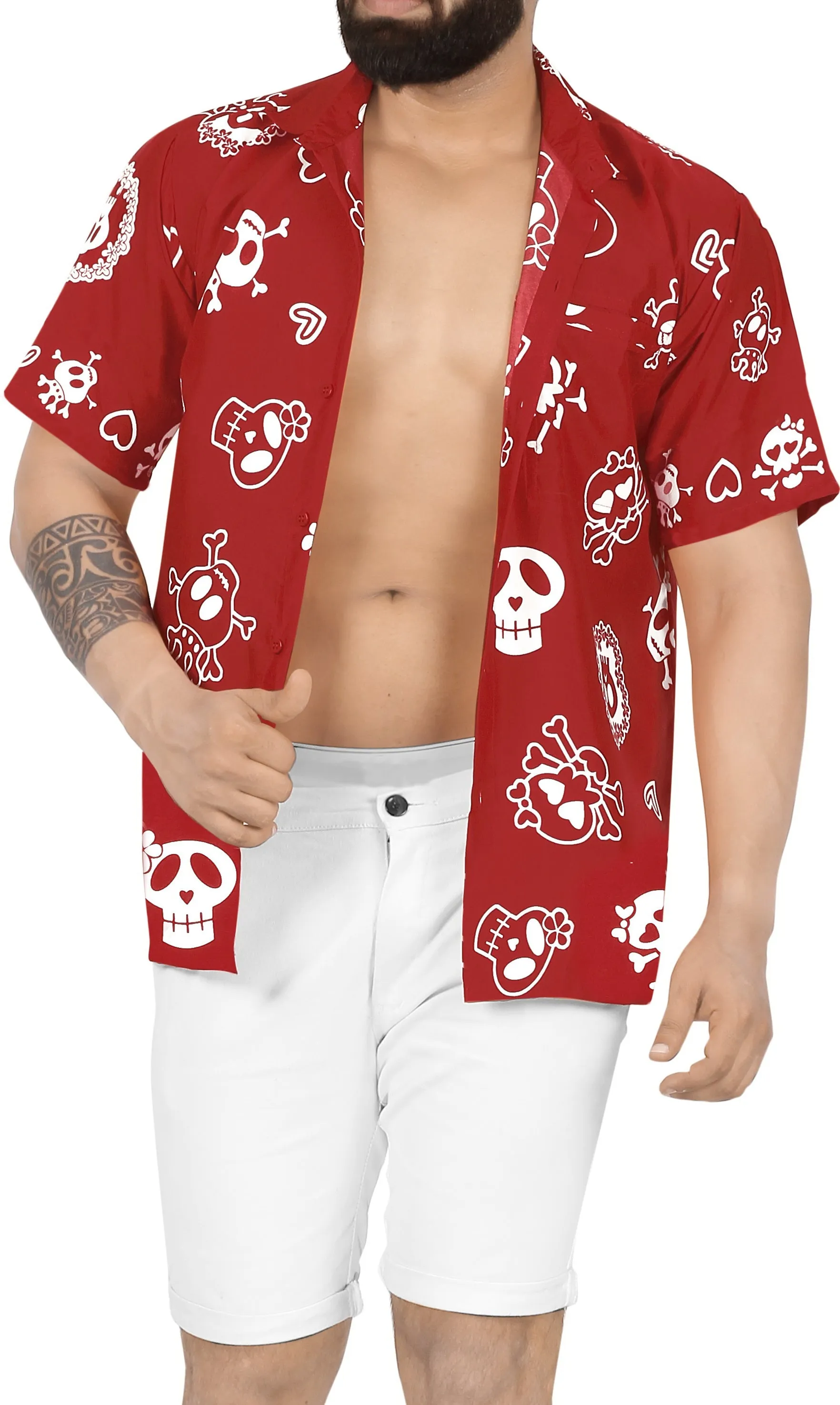 LA LEELA Casual Beach hawaiian Shirt for Aloha Tropical Beach front Pocket Short Sleeve for Men Red