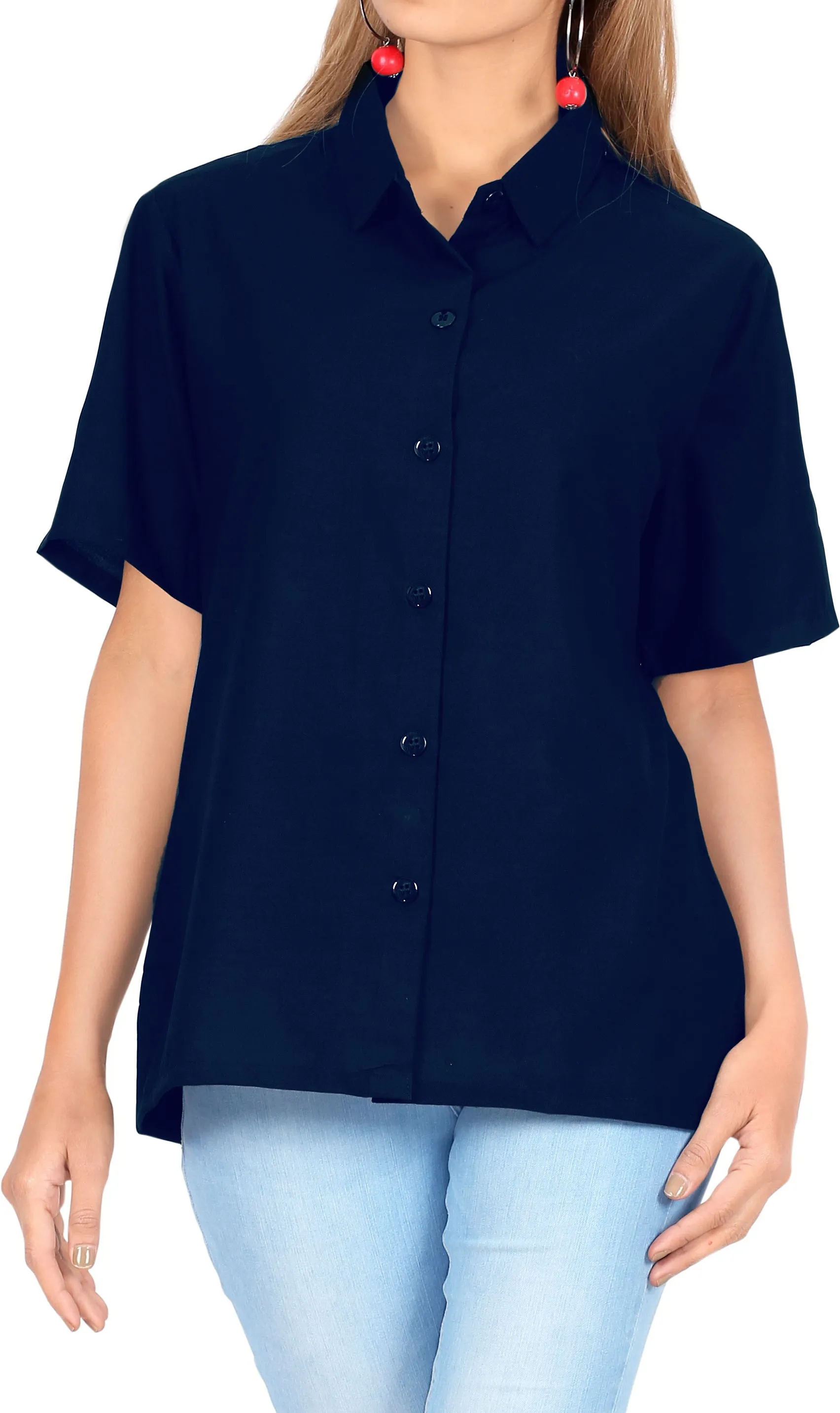 LA LEELA Women's Beach Casual Hawaiian Blouse Short Sleeve button Down Shirt Navy Blue