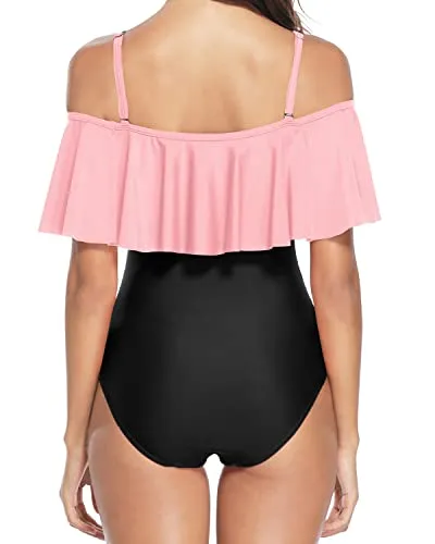 Lace Up Vintage Ruffle Swimwear For Women Off Shoulder One Piece Swimsuit-Pink And Black