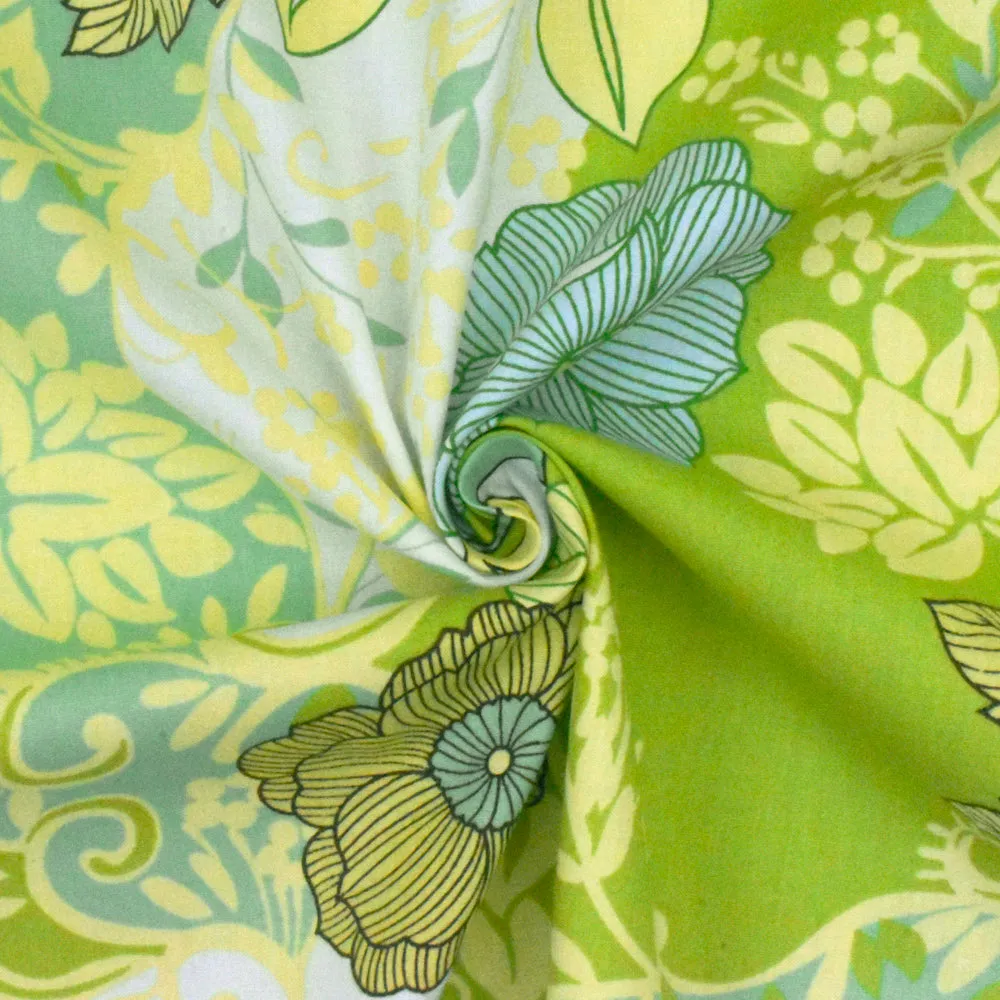 Lime Green-Teal-Multi Floral Printed Stretch Cotton Poplin Woven Fabric